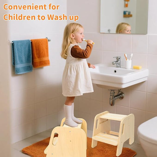 WOOD CITY Toddler Step Stool, Wooden 2 Step Stools for Bathroom Sink Potty Training Kitchen Dual Height Stool Helper for Kids Bonus Non-Slip Pads and Handles for Safety (2 Pack Natural)