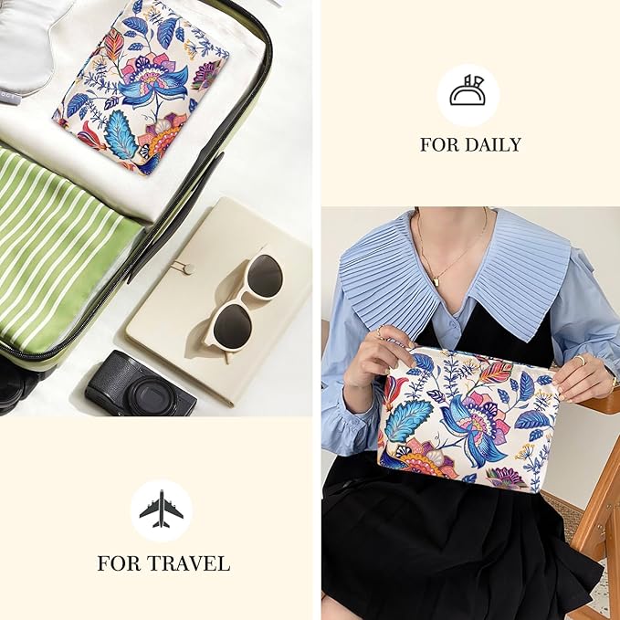 STARDW Aesthetic Floral Makeup Bag Cute Small Cosmetic Bags for Women Girls, Travel Toiletry Bag Large Capacity Zipper Makeup Pouch, Purse Organizer Pouches