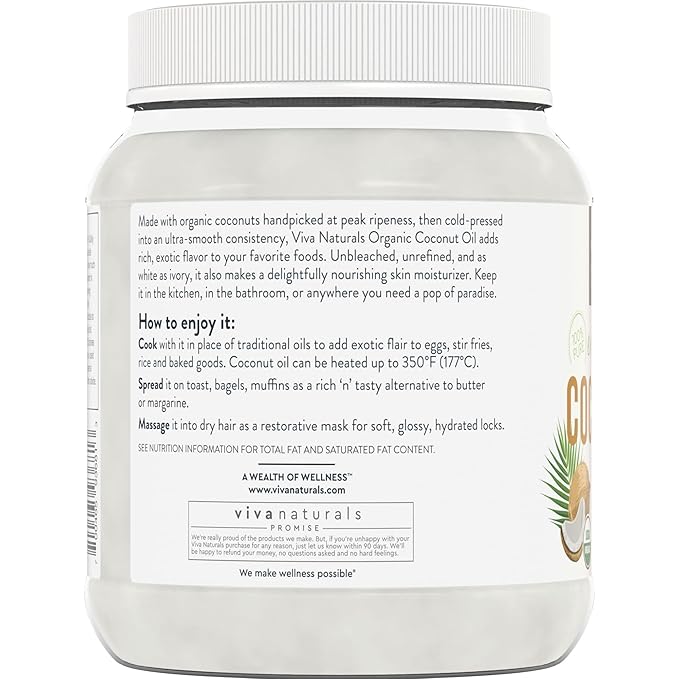 Viva Naturals Organic Coconut Oil, 54 fl oz – Unrefined, Cold-Pressed Extra Virgin Coconut Oil, USDA Organic & Non-GMO, Natural Cooking Oil, Hair Oil & Skin Oil