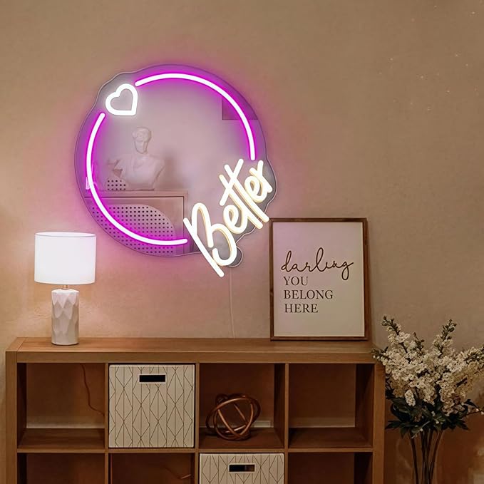 LED Mirror Neon Lights Light Up Dressing Mirror Cat/Shine Heart/Bat/Butterfly Shape Neon Mirror Sign for Modern Home Girl Room Bathroom Salon Wall Art Decor Gift For Girlfriend USB Powered