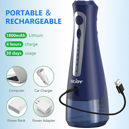 Sejoy Water Flossers for Teeth Cleaning, Water Flosser for Teeth Rechargeable Cordless, Electric Portable, 5 Cleaning Modes 8 Jet Tips, IPX7 Waterproof, 230ml, for Travel and Home