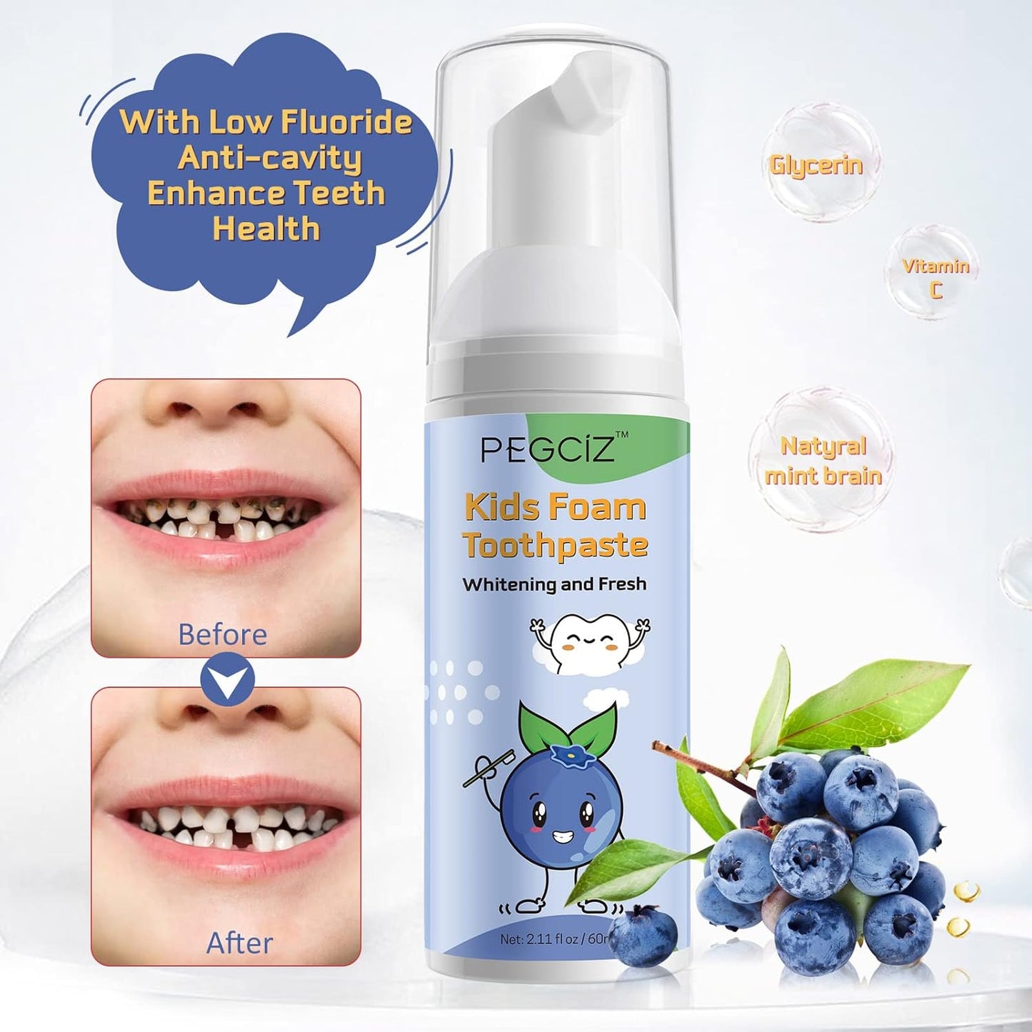 Foam Toothpaste Kids, Kids Mouthwash with Fruit Flavor - Toddler Toothpaste Age for Children, 360ºCare Natural Anti-Cavity Formulas with Fluoride for Electric & U-Shape Toothbrushes