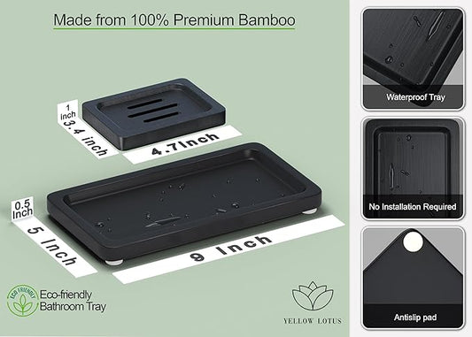 Black Bathroom Accessories Set 2 pcs - 9’’ Small Black Bamboo Tray for Bathroom, Wooden Bar Soap Holder for Shower, Kitchen Soap Dispenser Set for Sink, Kitchen Dish Tray Decor