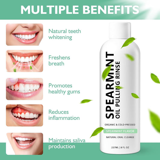 Spearmint Oil Pulling Rinse, Cold-Pressed Coconut Mouthwash for Teeth Whitening, Natural Peppermint Pulling Oil, for Breathe Mouth,Gentle Deeply Cleans (8FLOZ)
