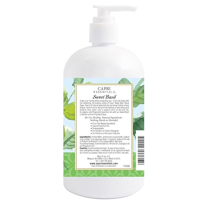 Capri Essentials Hand Soap Liquid, Natural Household Cleaning Supplies, Gentle Plant Based Aromatic Hand Wash with a Blend of Essential Oils, Removes Dirt & Grime, Sweet Basil Scent, 16 FL Oz (2 Pack)