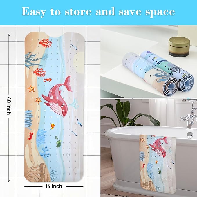 Bath Mat for Tub Non Slip, Machine Washable Anti-Slip Cartoon Baby Bathtub Shower Mat with Drain Holes and Suction Cups for Toddler & Kids (40 Inch x 16 Inch-Rectangular, Rosy Whale)