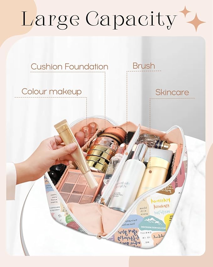 Bistup Makeup Bag Travel Cosmetic Bag Toiletry Make Up Bags Cute Women Large Capacity Big Medium Leather Quote Aesthetic Portable Teen Girls Teenage Foldable Expandable Compact Open Flat Zip