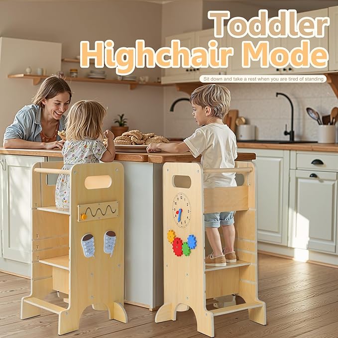 Toddler Tower 4-in-1 Multifunctional Kitchen Stool Helper with Removable Safety Board, Adjustable Heights, Slide, Highchair, Chalkboard, Montessori Games