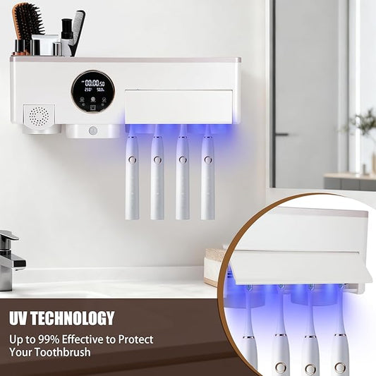 Toothbrush Holder with UV Toothbrush Sanitizer, White Hair Dryer Holder with Timer Function and Touch Screen, Smart Home Bathroom Accessories with Automatic Hand Drying and Sensor Light for Bathroom