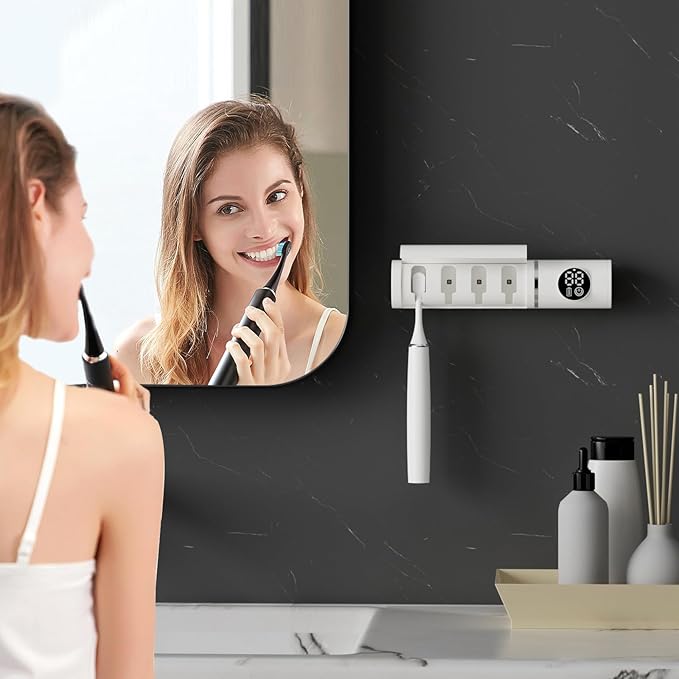 Smart Wall Mounted Toothbrush Holder with Timer, Wireless 4-Slot Toothbrush Organizer for Bathroom, Modern Smart Home Accessories & Decor, Space-Saving Wall Storage Rack for Family Use