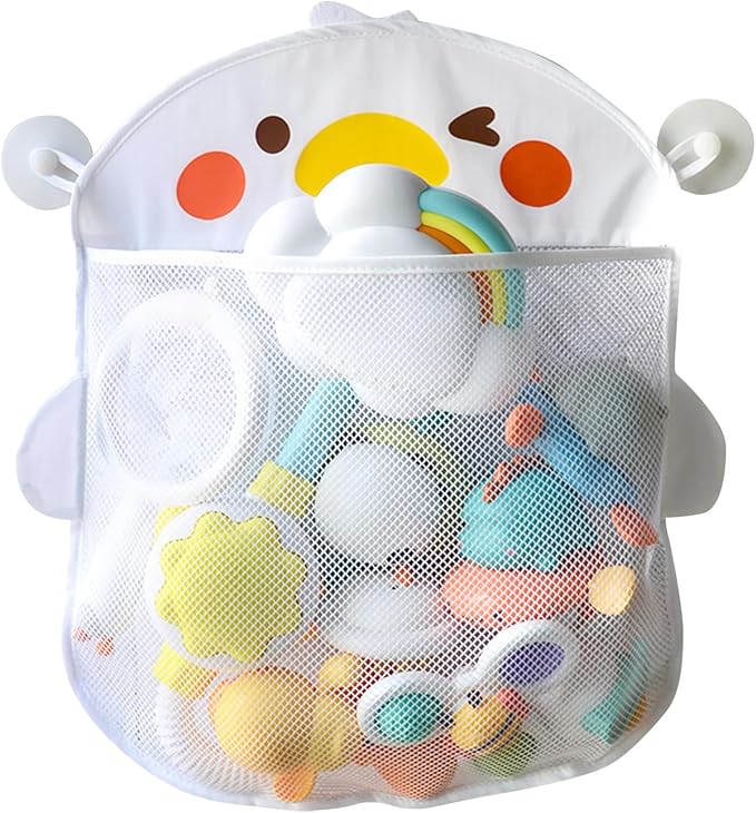 EMVANV Mesh Bath Toy Organizer,Wth 2 Suction Cups Hanging Mesh Bathtub Toy Holder for Kids and Baby Compatible with Bath Toy Storage(White)