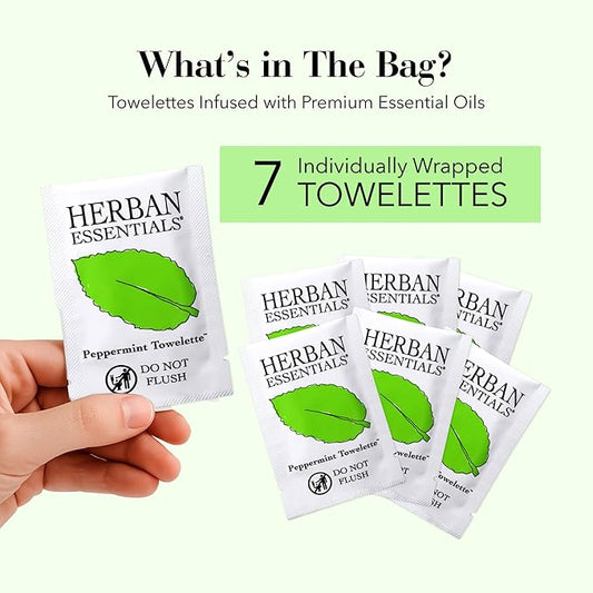 Herban Essentials - Peppermint Wipes & Towelettes - Essential Oil Wipes for Hands & Body - Travel Size Essentials and Toiletries - Natural, Individually Wrapped, Disposable & Moist Refresh (7 count)