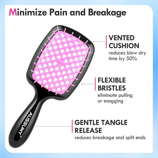 Vented Detangling Hair Brush - 2 Pack Mini Detangler Hairbrush with Soft Bristles for Effortless Tangle Free - Ideal for Wet Dry or Damaged Hair for Women Men Kids - Pink & Pink