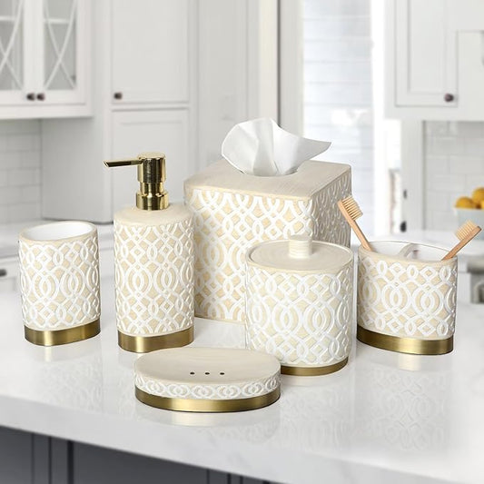 6-Piece Bathroom Accessories Set – Soap Dispenser, Toothbrush Holder, Tumbler, Soap Dish, Cotton Swab Jar & Toilet Brush – Modern Bathroom Decor Set (Solana)