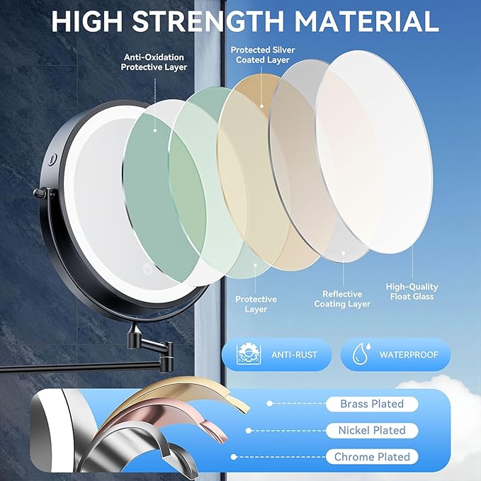 10'' 30X/1X Wall Mounted Lighted Makeup Mirror, 5000mAh Rechargeable Double-Sided Magnifying Mirror with Light, LED Vanity Mirror Touch Dimmable 3 Colors 360ยฐ Rotation Extended Foldable Arm, Black