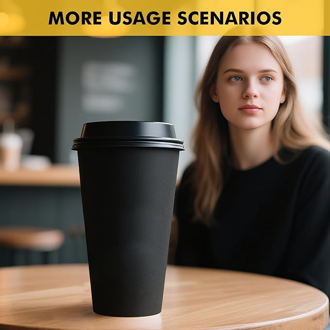 RACETOP 16 oz Paper Coffee Cups, 100 Pack Black Disposable Coffee Cups with Lids, Sleeves and Stirring Sticks, 16 oz Hot Coffee Cup for Hot Drinks, Parties, Picnic, Travel, and Events