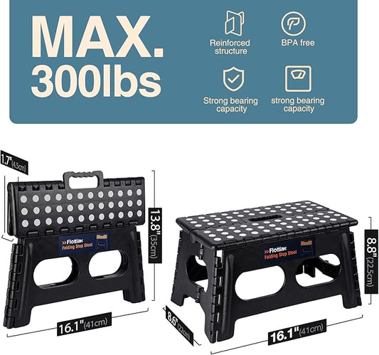 Flottian 9" Folding Step Stool for Adults and Kids 15-Inch Extra Wide Stool Holds Up to 300 lbs,Non-Slip Folding Stools with Handle,Compact Plastic Foldable Step Stool for Bathroom,Kitchen,ect