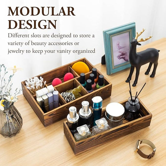 MyGift Counter Storage Organizer, 2 Tier Rustic Burnt Solid Wood Stackable Modular Vanity Countertop Storage Organizer Trays, Decorative Bathroom Makeup Cosmetic Box, 2 Piece Set