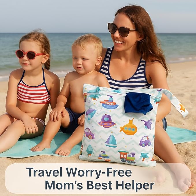 Waterproof Wet Dry Bag, Reusable Diaper Pouch with Zipper, Machine Washable Travel Organizer for Beach, Daycare, Kids, Dinosaur Pattern (Purple UFO)