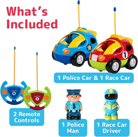 PREXTEX Cartoon Remote Control Car - 2-Pack Police and Race Car Toddler Toys - RC Cars for Kids with Different Frequencies - Easy Remote Control Toy and Thoughtful Gifts for Boys and Girls