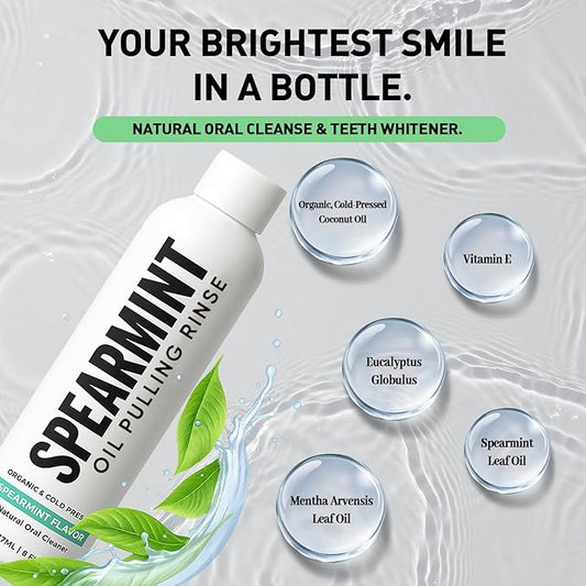 Spearmint Oil Pulling Rinse – with Organic Cold-Pressed Coconut Oil & Mentha Haplocalyx Oil, Natural Mouthwash for Fresh Breath, Healthy Gums & Teeth Whitening, 8 fl oz (1)