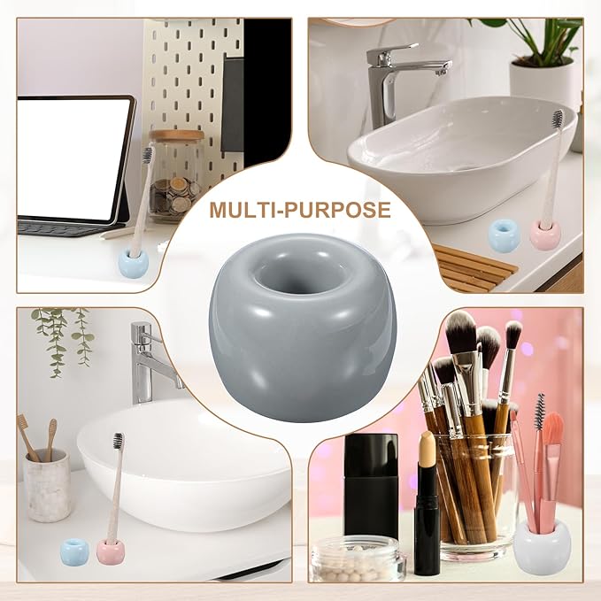 uxcell 2 Pcs Mini Ceramics Toothbrush Holder Stands, Sleek Mini Countertop Toothbrush Round Shape Ceramic Holder Stand for Bathroom Vanity Countertops, Grey