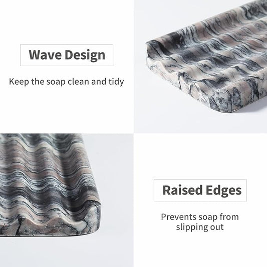 Soap Holder for Bathroom, Black Marble Soap Dish for Kitchen Countertop, Soap Tray with Creative Wavy Design, Soap Saver for Bath Tub, Sponges, Italian Natural Stone