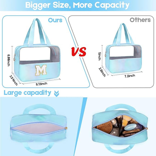 Personalized Initial S Clear Blue Makeup Bag - Large Travel Toiletry Bag, Cute Cosmetic Organizer Set for Girlfriend, Teacher, Teen Girl Gifts