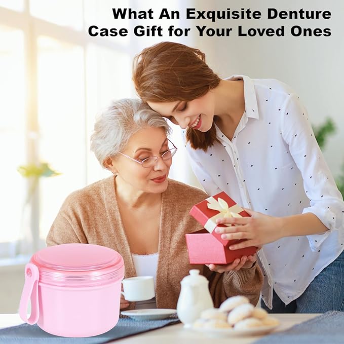 Denture Case, Leak Proof Denture Bath Cup for Travel, Denture Container Cups for Soaking Full & Partial Dentures, Retainers, Denture Cleaning Kit Holder Box with Denture Cleaner Brush-Pink