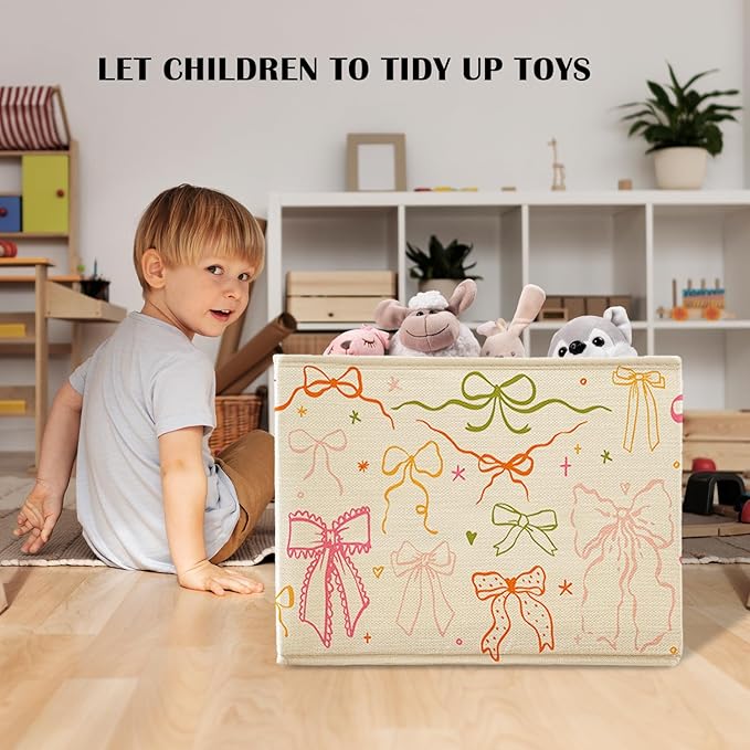 Preppy Bow Aesthetic Storage Basket Bin With Handles for Girls Kids, Preppy Bow Decor Foldable Organizer for Girls Room Nursery Bedroom Bathroom Clothes Toys Books