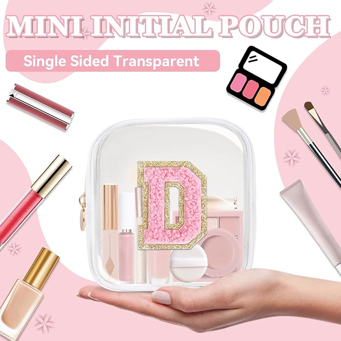 Mini Clear Personalized Initial Makeup Bag,Nylon Preppy A-Z Chenille Letter Patch Zipper Cosmetic Bag, Small Cute Beach Pouch Travel Purse Sanitary Napkin Storage Bag for Women Girls(White-Pink D)