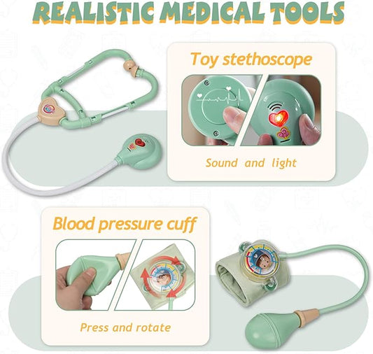 Liberry Doctor Kit for Toddlers 3-5 Years Old, 18-Piece Doctor Bag Pretend Play Toys, Durable Medical Kit with Toy Stethoscope, Green for Kids