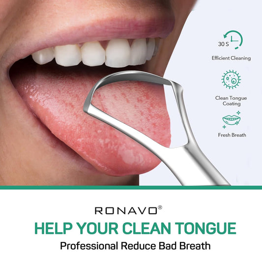 RONAVO Tongue Scraper for Adults (3 Pack), Reduce Bad Breath, Metal Tongue Scraper, Easy to use & Clean, with Travel Case for Home, Travel and On-the-Go