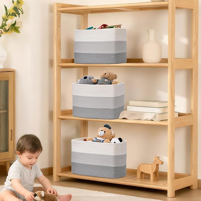 3 Pack Cube Storage Bin, 17”x12”x12” Cotton Rope Woven Baskets for Organizing Toys Clothes Towels, Square Gift Storage Baskets for Shelf, Nursery, Closet, Bathroom, Pantry (3-Tone Gray)