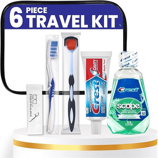 Trektote Bulk Toothpaste and Toothbrush Set- (50 Pack) 6 Piece Dental Care Kit, TSA Compliant, Includes Toothpaste, Toothbrush, Mouthwash, Flosses and Premium Toiletry Bag
