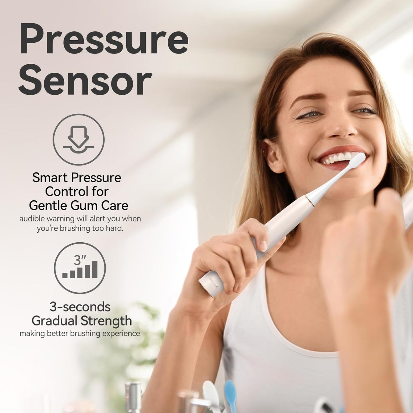 SEAGO Electric Toothbrush for Adults with Pressure Sensor, Sonic Toothbrushes Holder Wall Mounted, 60 Days Battery Life, 5 Cleaning Modes, 8 Replacement Heads, Timer & IPX7 Waterproof (Beige, Middle)