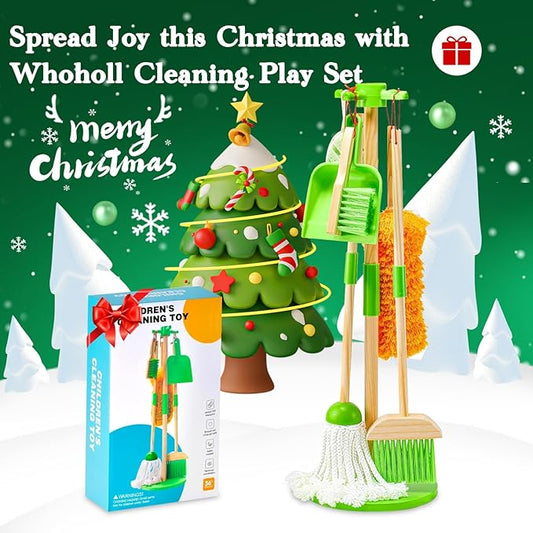 WHOHOLL Wooden Kids Cleaning Set Toddler Broom Set for Housekeeping 8 Pcs Broom and Mop Set for Toddlers 3-5, Baby Cleaning Toys with Dustpan Sponge, Christmas Birthday Gifts for Boys Girls (Green)