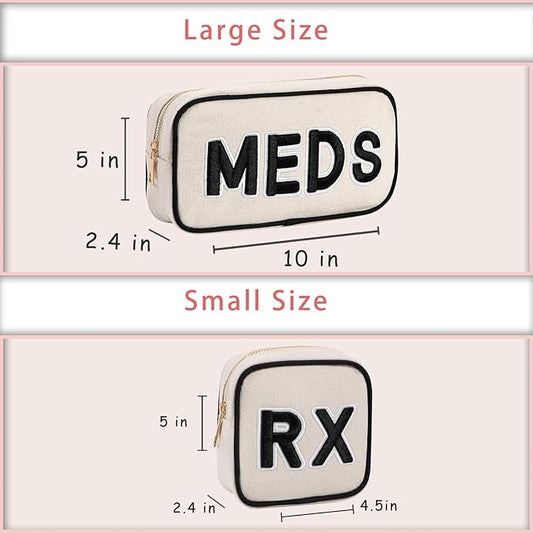 2Pcs Small Canvas Rx MEDS Medicine Packages, Cute Chenille Letter Patch Drug Makeup Bag with Metal Zipper, Mini Travel First Aid Purse Organizer Machine Washable (05RX and MEDS)