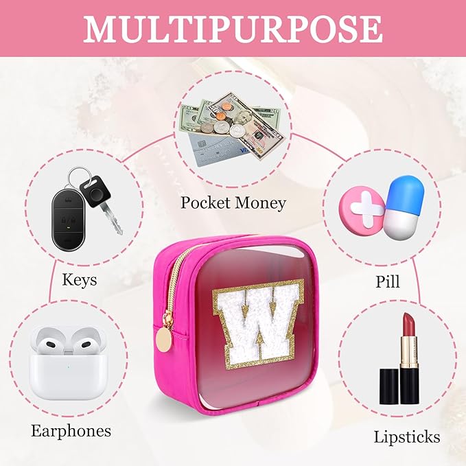 Mini Clear Personalized Initial Makeup Bag, Small Preppy A-Z Chenille Letter Patch Cosmetic Pouch, Transparent PVC & Nylon Waterproof Zip Beach Toiletry Bag,Gift for Women Girls(Hot Pink-White W)