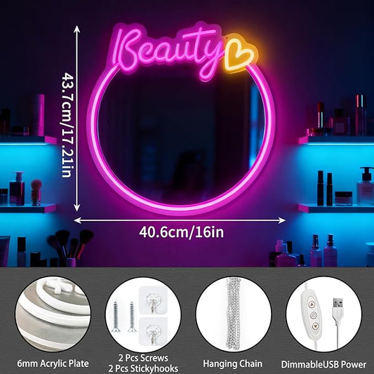 Pink Beauty Neon Sign Mirror, Dimmable Acrylic Circle Wall Decor with USB Power, Shatterproof Vanity Mirror for Girls Teens Room, Christmas Birthday Gift
