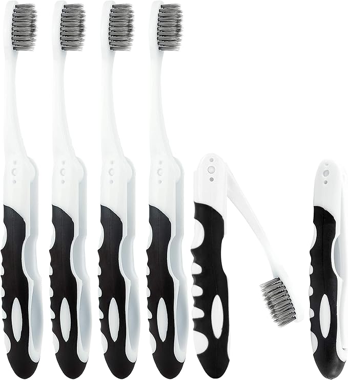 Lingito Folding Toothbrush with Built-in Cover - Travel Size, Collapsible, Soft-Charcoal (6 Pack)