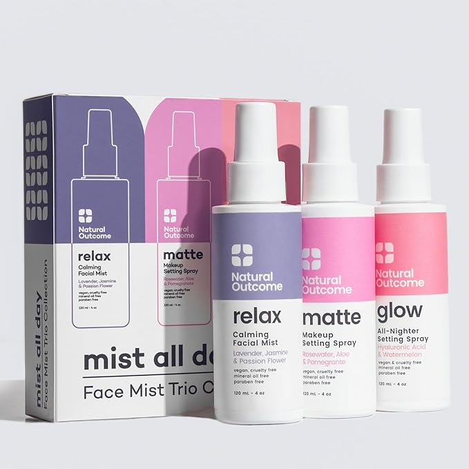 natural outcome Face Mist Trio Collection – Hydrating Facial Mist Spray for Glowing Skin – Rosewater, Lavender & Hyaluronic Acid – Makeup Setting & Refreshing Face Spray Mist