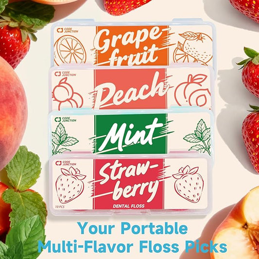 Travel Floss Picks, 4-Flavor Variety Pack (Mint, Strawberry, Grapefruit, Peach), 120 Count Dental Floss for Adults (3 Boxes of 4 Travel Packs)