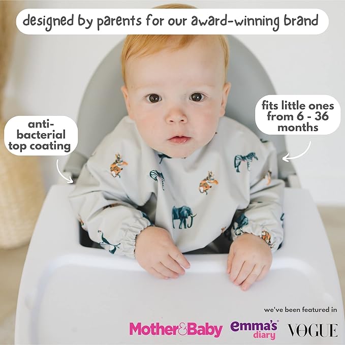 Bubba Bear Baby Bib with Sleeves, Long Sleeve Toddler Feeding Apron Bibs for Eating & Lead Weaning, Mess Proof Full Sleeved