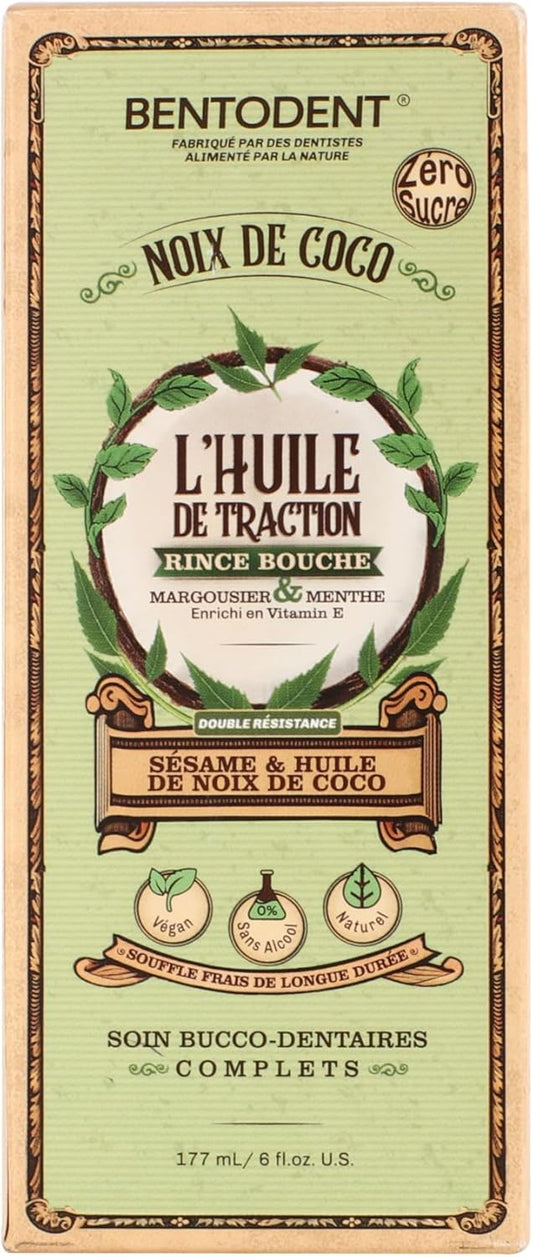 Bentodent Coconut Oil Pulling, Powerful Neem & Mint, Dual Strength of Sesame & Coconut Oil, Oil Pulling rinse for teeth & gums, Zero Sugar & No Alcohol mouthwash for Fresh Breath & Whitening,6 fl. oz.
