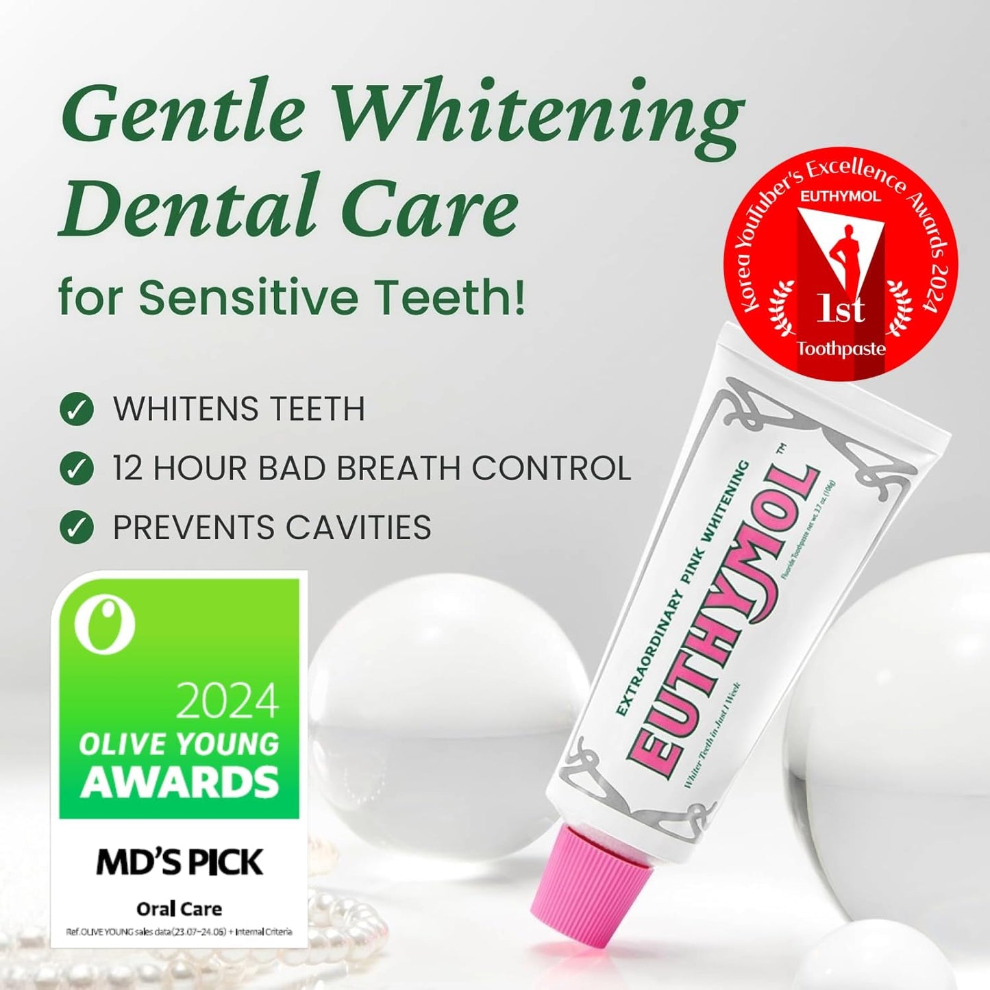 EUTHYMOL Whitening Toothpaste (3.7fl oz) - Stain Removal in 2 Weeks, Long-Lasting Freshness for Sensitive Gum & Teeth. Bad Breath, Cavity Prevention. Recyclable Aluminum Tube