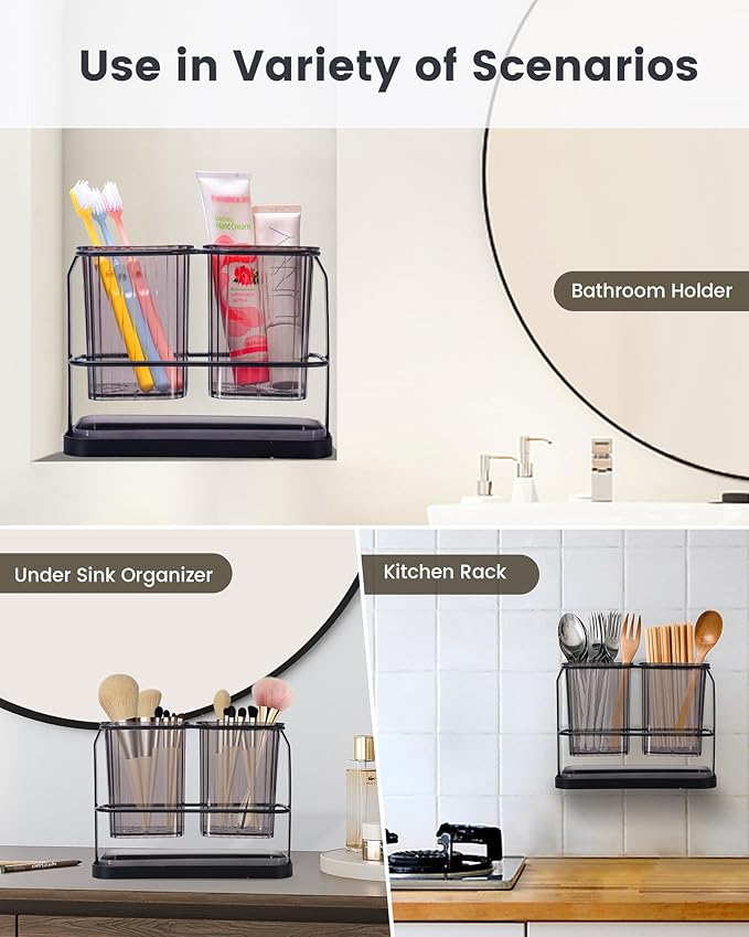 KONE Black Toothbrush Holders for Bathrooms, 2 Cups Toothbrush Holders Wall Mounted, Dry & Wet Separation, Bathroom Organizers and Storage, Bathroom Toothbrush Holder Set for Family Kids