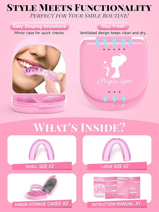 4 Pack Pink Night Guards for Teeth Grinding and Clenching, Women Teeth Grinding Mouth Guard for Sleep with 2 Mirror Cases, Moldable Mouthguard for Women, Adults, Bruxism Relief