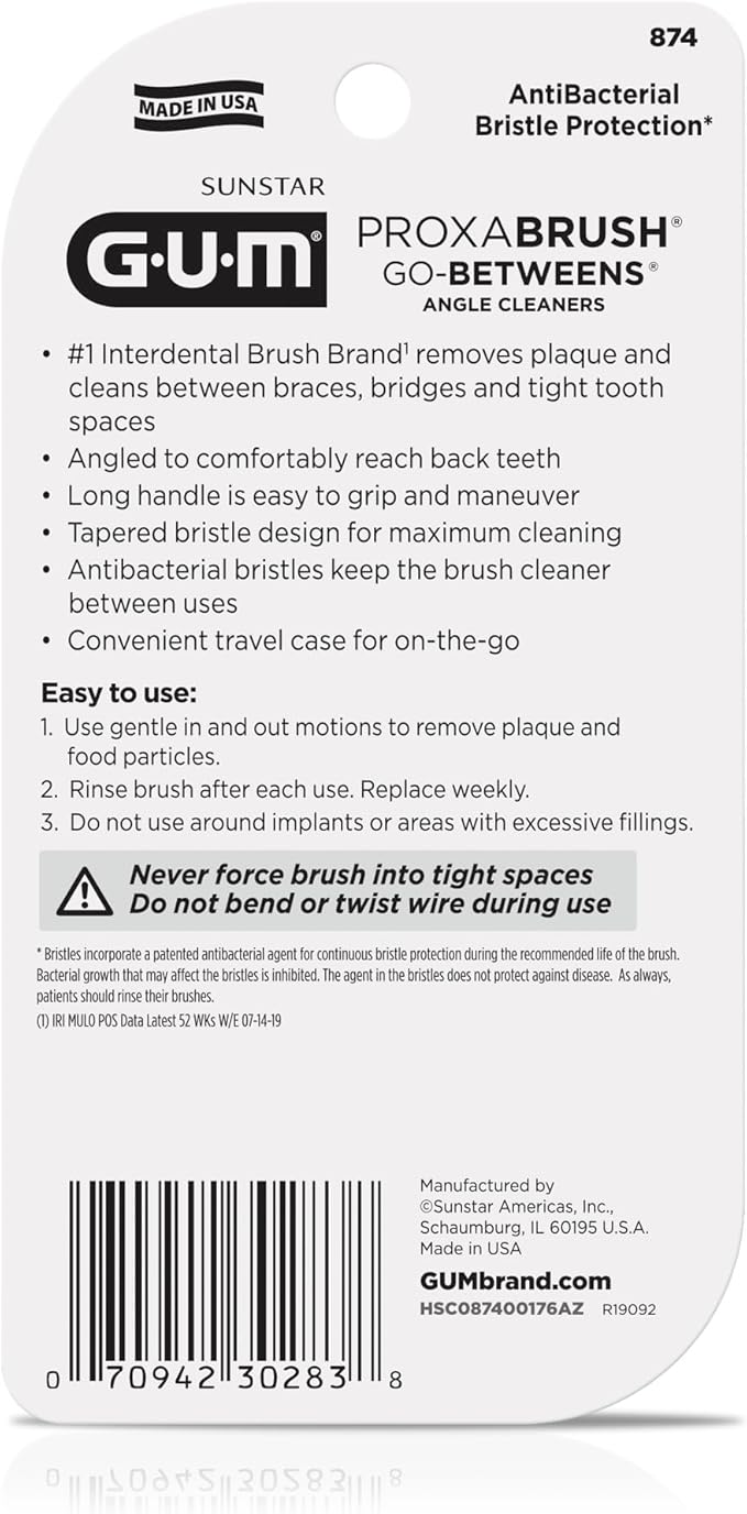 GUM Proxabrush Go-Betweens - Angled- Interdental Brushes - Soft Bristled Dental Picks for Plaque Removal Health - Safe for Braces & Dental Devices, 4 Count (Pack of 4)