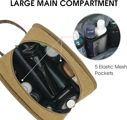 WANDF Travel Toiletry Bag for Men Large Toiletries Shaving Bag Water Resistant Hanging Dopp Kit Travel Accessories Bag for Women Men (Khaki)